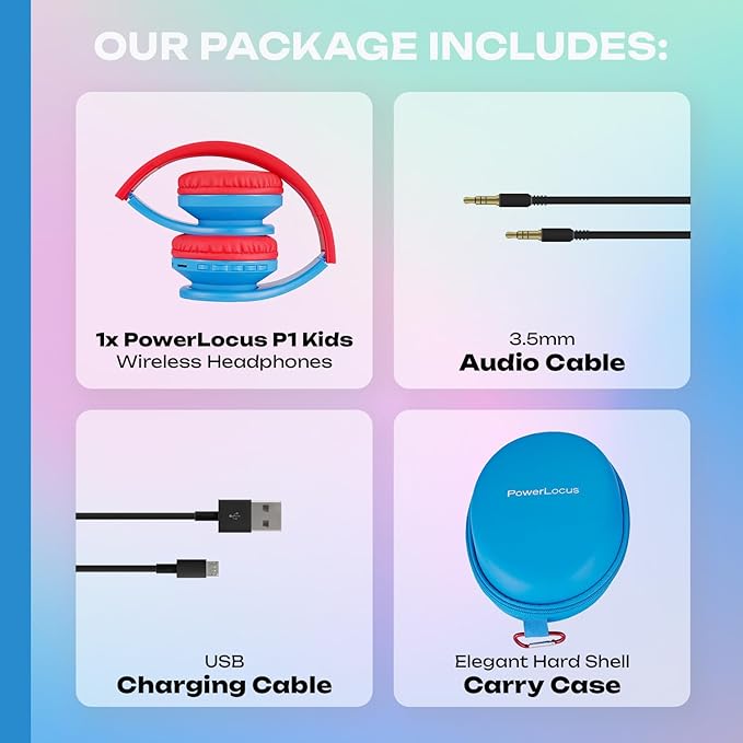 PowerLocus Bluetooth Headphones for Kids, Wireless Foldable Headphones Over Ear, Headphone with Microphone, 85DB Volume Limit, Wireless and Wired Headset with Micro SD, FM for Cellphones, Tablets, PC