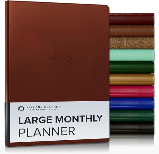 Gallery Leather Large Monthly Planner 2025-2026, Elegantly Bound Calendar Planner and Notebook with Stylish Gold-Gilded Page Edges, 18 Months - Freeport Metallic Copper - 9.75x7.5"