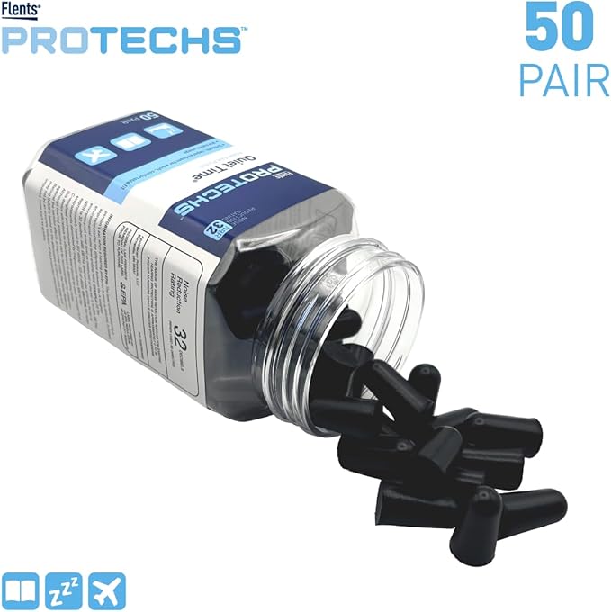 Flents Protechs Foam Ear Plugs for Sleeping, Snoring, Traveling, Concerts, Construction & Studying, Ultra Soft & Comfortable, Black, 50 Pairs, NRR 32 Hearing Protection for Loud Noise