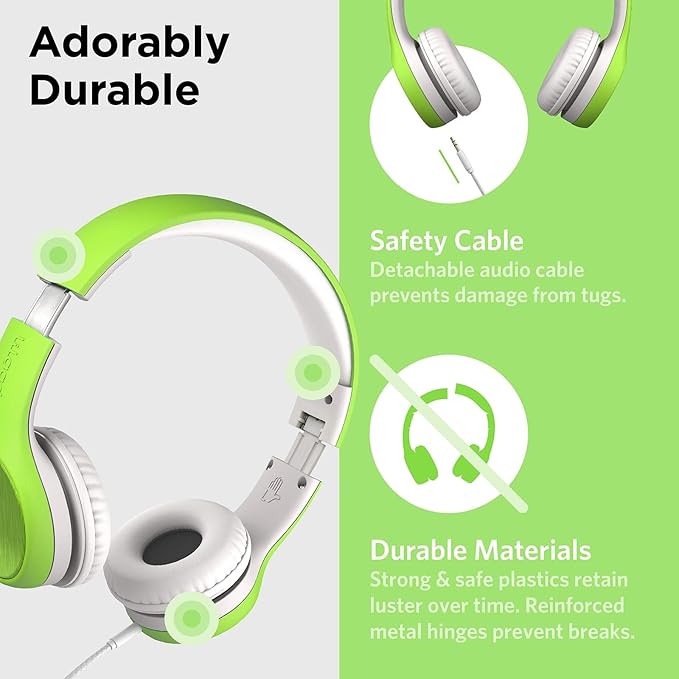 LilGadgets Connect+ Style On-Ear Kids Headphones w/Microphone - SharePort Technology, SoftTouch Padding, Detachable Cable, Noise Reduction, Durable & Adjustable, Green Kids Headphone with Microphone