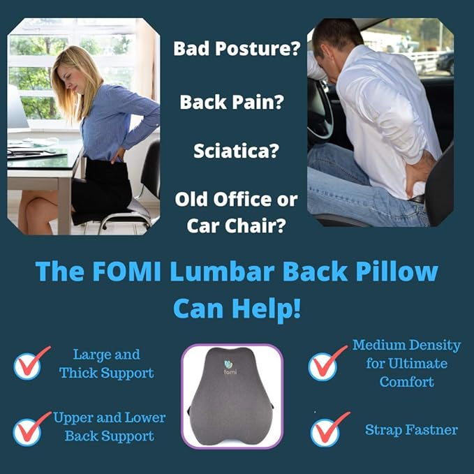 FOMI Extra High Back Lumbar Support Pillow | Thick Thoracic Foam Pad for Car, Home, Office, Gaming Chair, Wheelchair, Recliner | Sciatica, Tailbone Pain Relief | Upper Lower Backrest, Posture Aid