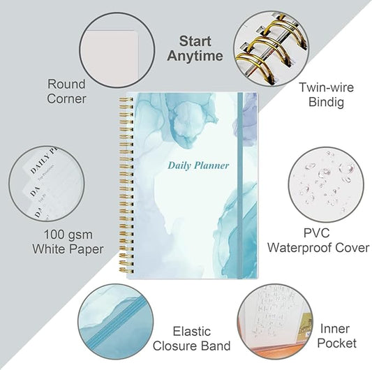 Daily Planner Undated - B5 To Do List Notebook Hourly Schedules, Spiral Appointment Planner for Women and Men, PVC Hardcover, Inner Pocket, Elastic Closure, 7" x 10", Blue Watercolor