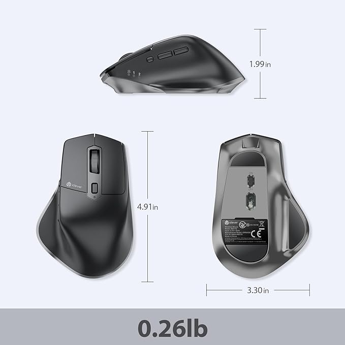 iClever Bluetooth Mouse, Wireless Large Mouse, Multi-Devices Dual Mode, Ergonomic Mice with 5 Adjustable DPI and 7 Buttons, Rechargeable Silent Mice for Laptop, iPad, MacBook, Tablet, PC, Black Grey