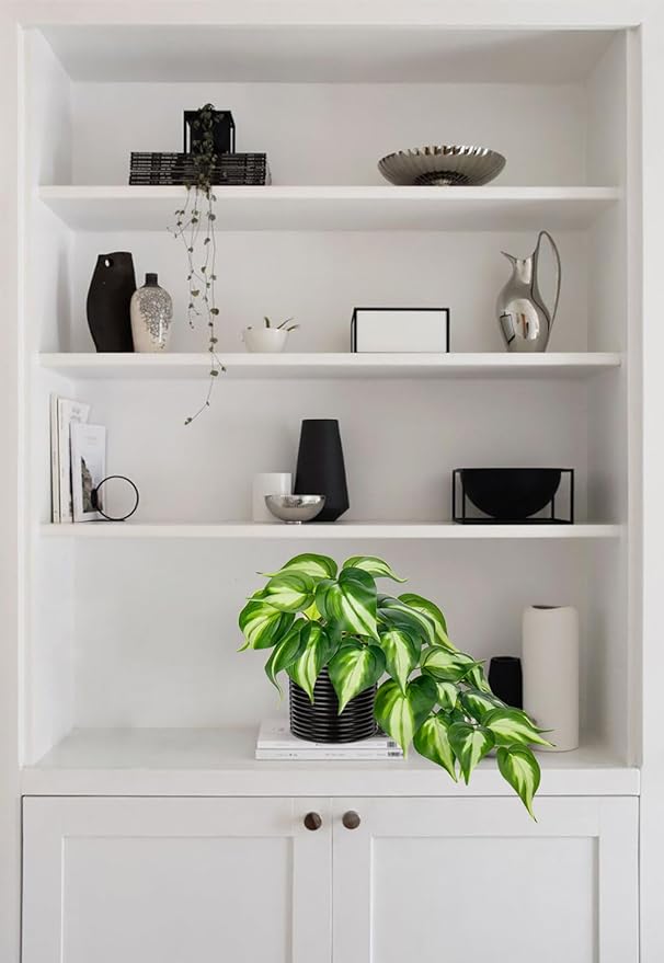 Hollyone Artificial Pothos Plants Potted Fake Ivy Plants in Black Ceramic Pot Faux Hanging Plants Indoor for Home Living Room Shelf Office Aesthetic Decor