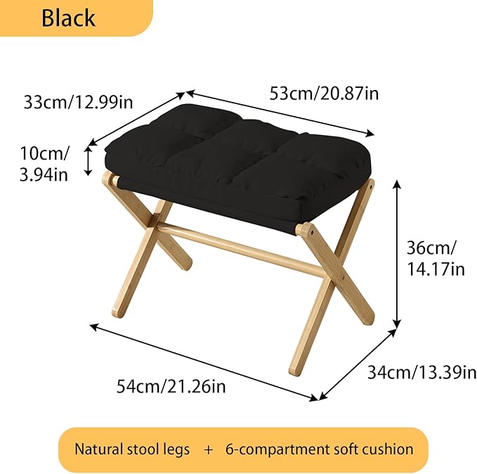 Folding Upholstered Footrest Stool, Small Accent Ottoman with Thick Cotton Cushion & Bamboo X Legs, Modern Padded Sofa Stool for Makeup Bedroom Living Room (Black)