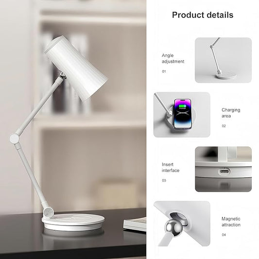 Fay Bless Portable Wireless Charging Desk Lamp with Ambient Lighting - Magnetic Rechargeable LED Light for Reading,Study,Working (White)