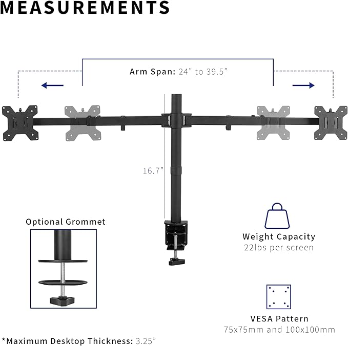 VIVO Premium Dual Ultra Wide LCD LED 27 to 38 inch Monitor Desk Mount, Heavy Duty, Adjustable Telescoping Arms, Flush Wall Setup, Fits 2 Screens, Black, STAND-TS38C