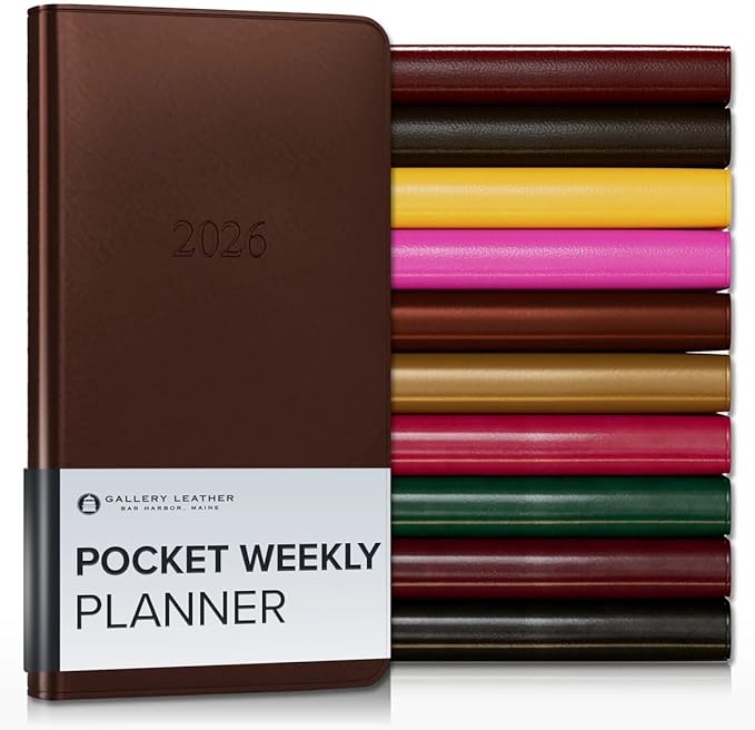 Gallery Leather Pocket Weekly Monthly Planner 2025-2026, Elegantly Bound Calendar Planner and Notebook with Stylish Gold-Gilded Page Edges, 12 Months - Freeport Metallic Bronze - 6 x 3.25 "