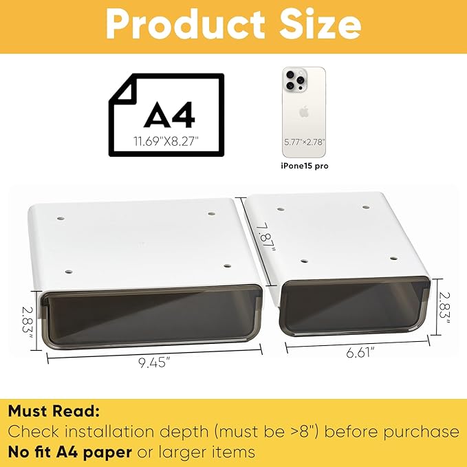 2 Pack Under Desk Drawer Slide Pull Out Plastic Organizer, Attachable Clear Black Acrylic Self Adhesive Mount Hidden Storage for Office & Home, Kitchen, Cabinet, Table, Counter, Space Saving