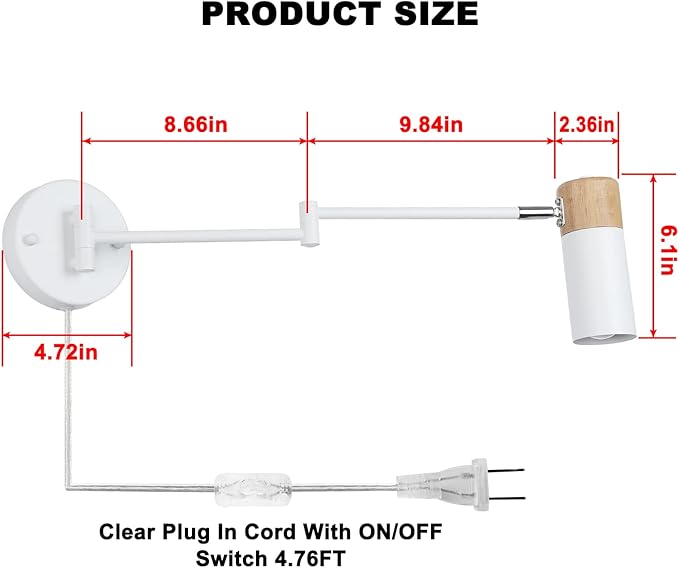 COSYLUX Modern Industrial Swing Arm Wall Lamp with Plug in Cord for Bedroom, Living Room, Office, Rotatable Lampshade Plug in Wall Sconces Light Fixture for Reading and Working, White (NO Bulb)