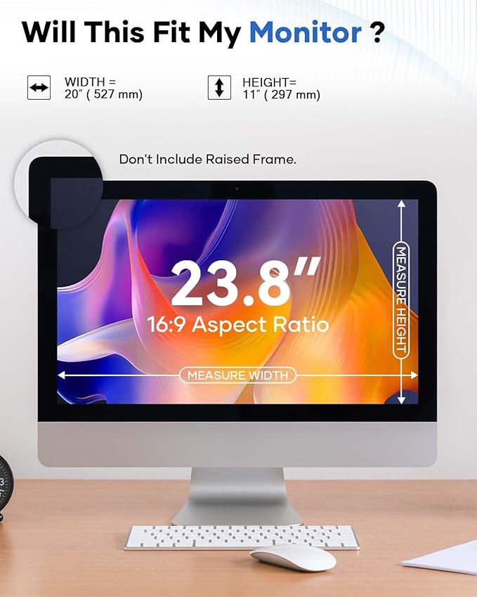 [2 Pack] 23.8 Inch Computer Privacy Screen for 16:9 Aspect Ratio Widescreen Monitor, Eye Protection Anti-Glare Blue Light Computer Privacy Filter, Detachable Scratchproof