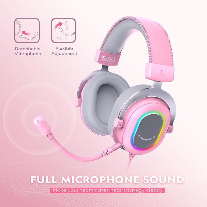 FIFINE PC Gaming Headset, USB Wired Headset with Microphone, 7.1 Surround Sound, in-Line Control, Computer RGB Over-Ear Headphones for PS4/PS5, for Streaming/Game Voice/Video-AmpliGame H6 (Pink)