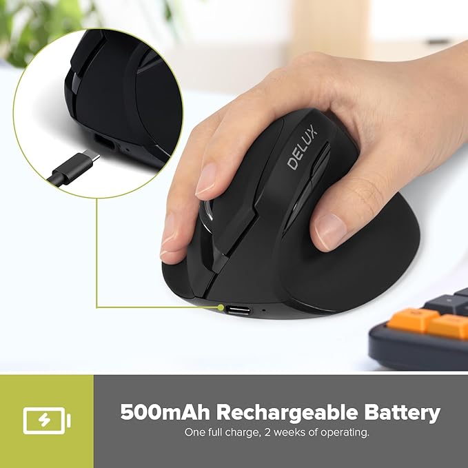 DeLUX Wireless Vertical Mouse, Small Rechargeable Silent Ergonomic Mouse with BT 5.2 and USB Receiver, 6 Buttons and 4000 DPI, for Carpal Tunnel (M618mini-Black)