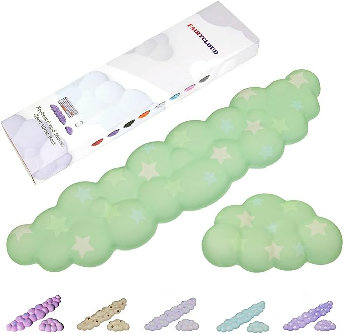 Cloud Wrist Rest Set for Keyboard and Mouse, Includes Cute Coaster, with Computers and Laptops (Green Colorful Star Set)