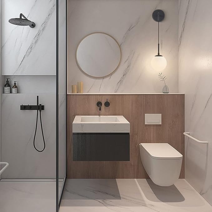 BOKT Lighting Black 1-Light Frosted White Glass Wall Sconce Mid Century Modern Globe Ball Bathroom Wall Light Rustic Industrial Bedroom Bedside Wall Reading Lamp (Black+White)