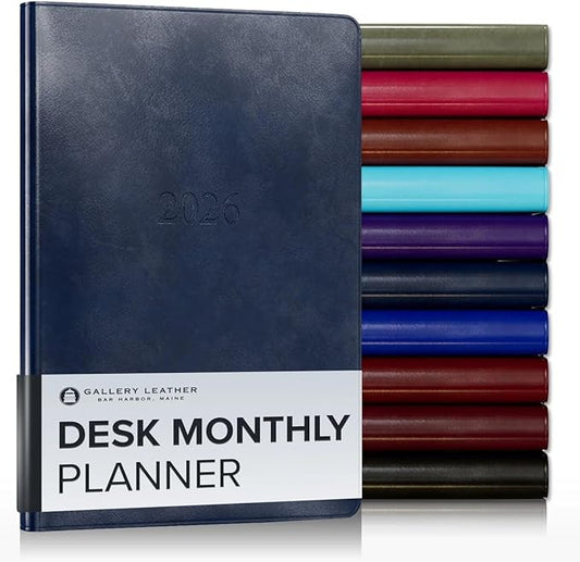 Gallery Leather Desk Monthly Planner 2025-2026, Elegantly Bound Calendar Planner and Notebook with Stylish Gold-Gilded Page Edges, 18 Months - Acadia Navy - 8x5.5”