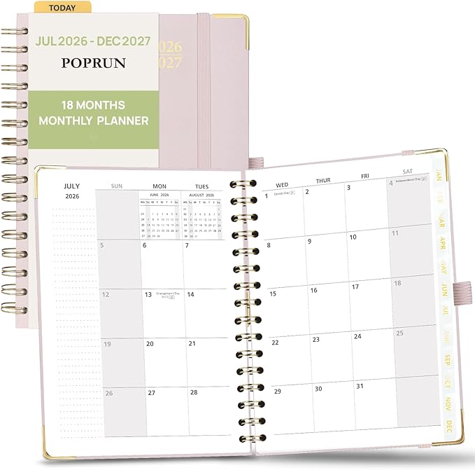 POPRUN Monthly Planner 2026-2027 Spiral Hardcover (6.25'' x 8.5''), 18 Months Calendar (Jan.2026-Jun.2027) - 2 Pages per Month with Dotted Note Pages, Sunday Start, Laminated Tab - Light Pink