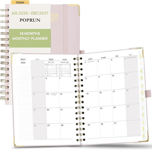 POPRUN Monthly Planner 2026-2027 Spiral Hardcover (6.25'' x 8.5''), 18 Months Calendar (Jan.2026-Jun.2027) - 2 Pages per Month with Dotted Note Pages, Sunday Start, Laminated Tab - Light Pink