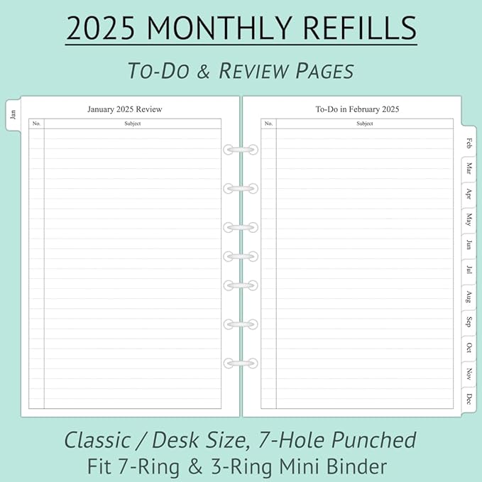 newestor 2025 Monthly Planner Refills 5-1/2" x 8-1/2" for 3-Ring or 7-Ring Mini Binders, Jan 2025 to Dec 2025, Desk Size 4, 7-Hole Punched
