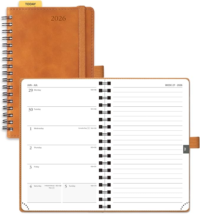 POPRUN 2026 Planner Weekly Notebook (Jan-Dec), Small Size 4''x 6.25'' - 2026 Pocket Calendar for Purse with Spiral Soft Cover, Plastic Ruler, Inner Pocket, 100 GSM TJ - Brown