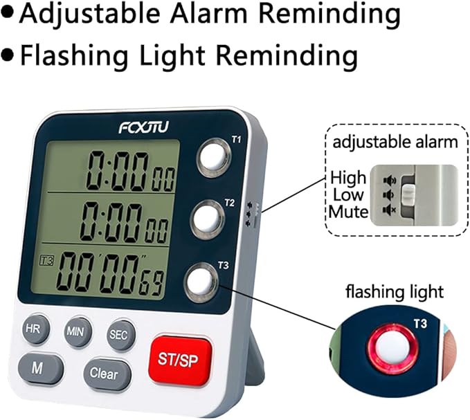 FCXJTU Digital Dual Kitchen Timer, 3-Channel Magnetic Countdown Stopwatch Timer for Cooking, Large Display, Loud Alarm, 100Hr Multi Food Classroom Timer for Seniors & Teachers (Battery Included)
