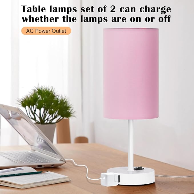 ZJOJO Table Lamp for Bedroom Set of 2, Bedside Small Lamps with 3 Way Dimmable Rocker Switch and AC Outlet, Nightstand Desk Lamp with Pink Fabric Shade White Base for Living Room Home Decor Lights