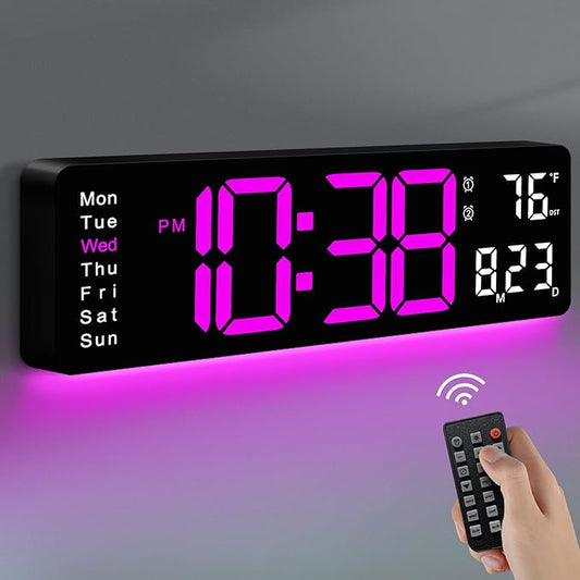 MASHI Digital Wall Clock, 16" Large Display Digital Clock with Remote Control, Auto-Dimming Wall Clock with Night Light, DST, Date Week,Temp for Living Room, Bedroom, Decor, Gift for Elderly