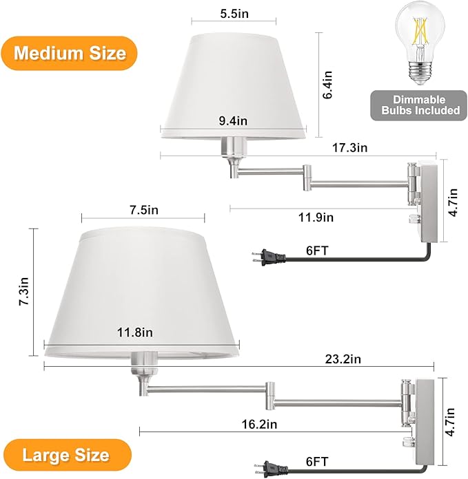 TRLIFE Dimmable Wall Sconce Plug in, Brushed Nickel Wall Sconces Set of Two Swing Arm Wall Lights with Plug in Cord and On/Off Dimmer Rotary Switch, 11.8" Large White Fabric Shade(2 Pack, 2 Bulbs)