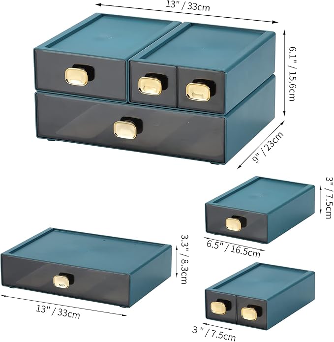 Spacious Desktop Storage Box, 1 Large 1 Middle & 2 Small Storage Drawers, Stackable Office Desk Drawer Organizer and Accessories, Printer Paper Organizer, Blue Plastic Drawers for Workspace