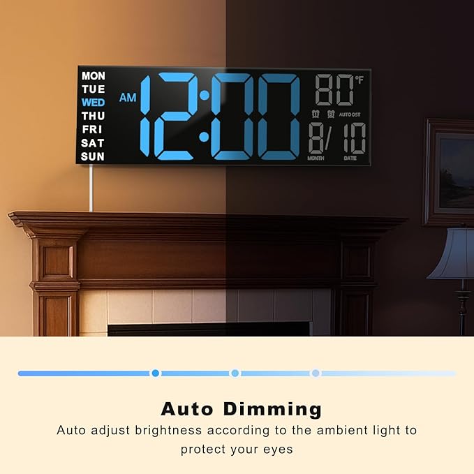 TrophyRak 16" Large Digital Wall Mount Clock, Count Down Timer, Alarm, Big LED, RGB Color, DST, Temperature for Living Room Classroom Desk, Wall, Xmas, Birthday Gift for Senior Mom Dad, Blue White