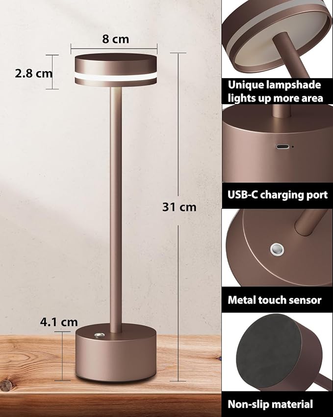 Modern Rechargeable Cordless Table Lamp, Aluminum Shell Dimmable Battery Powered Lamp, 4000mAh Certified Battery, 3000K Portable Warm White Bedside Lamp, Pack of 2 (Brown)