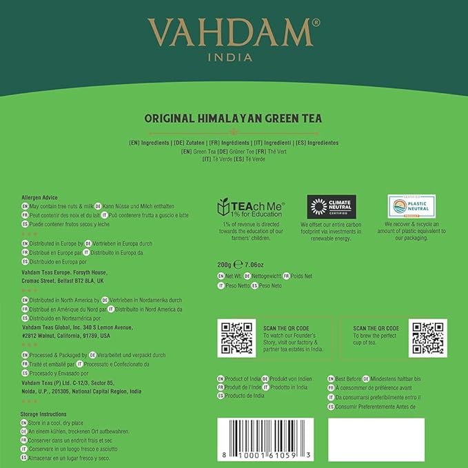 VAHDAM, Organic Himalayan Green Tea (100 Count) High Grown, Non GMO, Gluten Free, Low Caffeine | Earthy & Smooth | Resealable & Plant-Based Pyramid Tea Bags