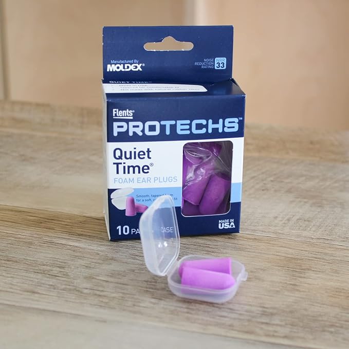 Flents Protechs Foam Ear Plugs, 10 Pair with Case for Sleeping, Snoring, Loud Noise, Traveling, Concerts, Construction, Studying, Work, Shooting, NRR 33, Purple, Disposable, Made in the USA