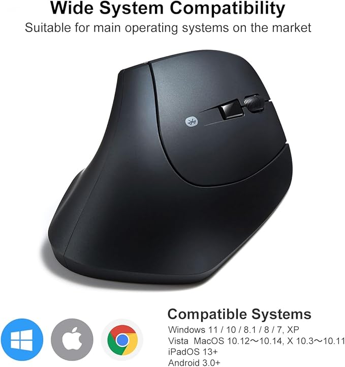 SANWA Bluetooth Ergonomic Mouse, Silent Click Wireless Ergo Vertical Mice, 3 Programmable Buttons, Reduce Wrist Pain, 800/1200/1600 DPI, Compatible with Mac, Laptop, Windows, Tablet, Phone