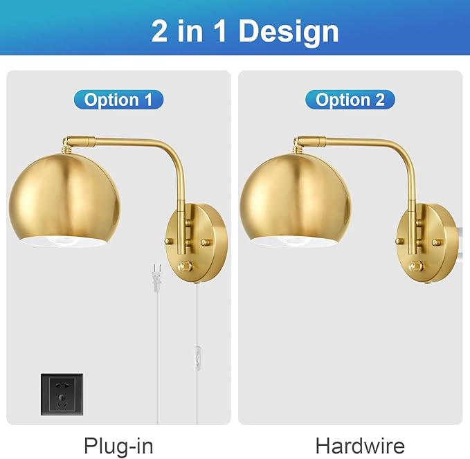 Wall Sconces Plug in, Dimmable Wall Sconce Swing Arm Wall Lights with Plug in Cord and Dimmer On/Off Knob Switch, Brushed Brass Globe Wall Light for Bedroom Bedside Hallway(2 Bulbs Included)