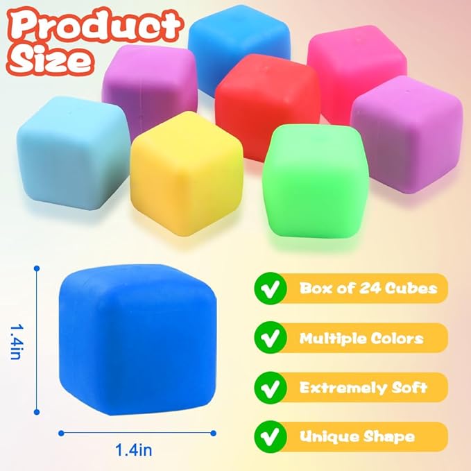 DIYDEC 24 Pcs Stress Cube Toys 8 Colors Slow Rising Stress Balls for Kids Classroom Prizes Goodie Bags Squeeze Stretch Fidget Balls for Party Favors Adults Stress Relief