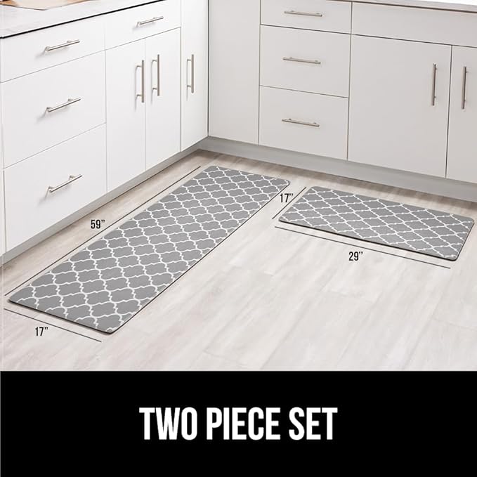 GORILLA GRIP 2 Pack Comfortable Cushioned Kitchen Mats for Floor, 17x29 + 17x59, Waterproof, Stain Resistant, 1/2 Inch Thick Ergonomic Standing Desk Anti Fatigue Mat, Foam Supports Feet, Grey White