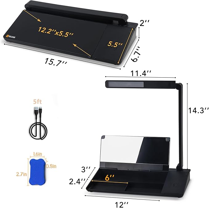 SELEAD Desktop Glass Whiteboard with Wireless Charger Station and Desk Lamp, Tabletop Dry Erase Board w/Organizer, Markers, Mirror, Holder for Home School Office Desk Accessories, Black