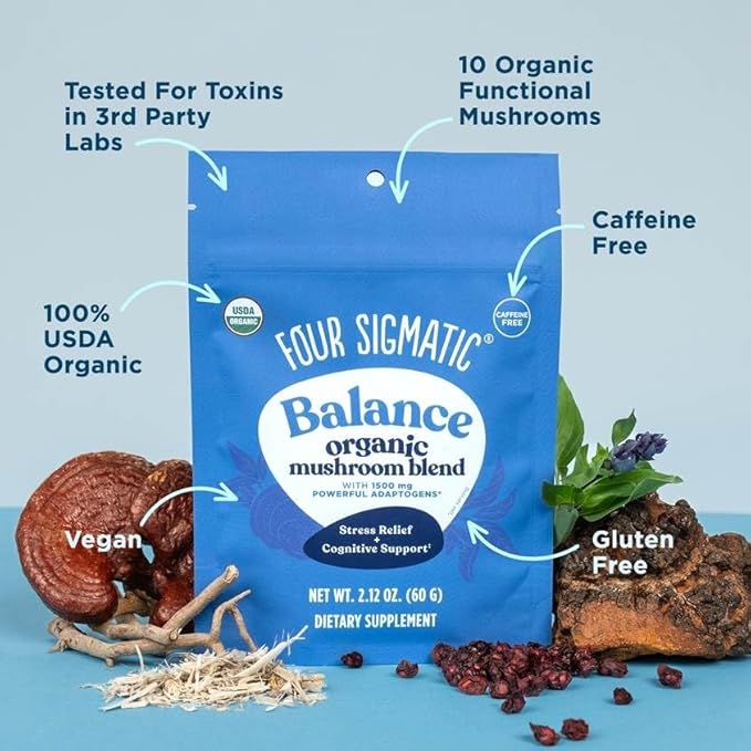 Four Sigmatic Calm Mushroom Blend | Adaptogen Supplement with Ashwagandha, Reishi, Tulsi, Cordyceps, Chaga, Rose HIPS, and More | Natural Stress Relief and Immune Support Supplement | 30 Servings