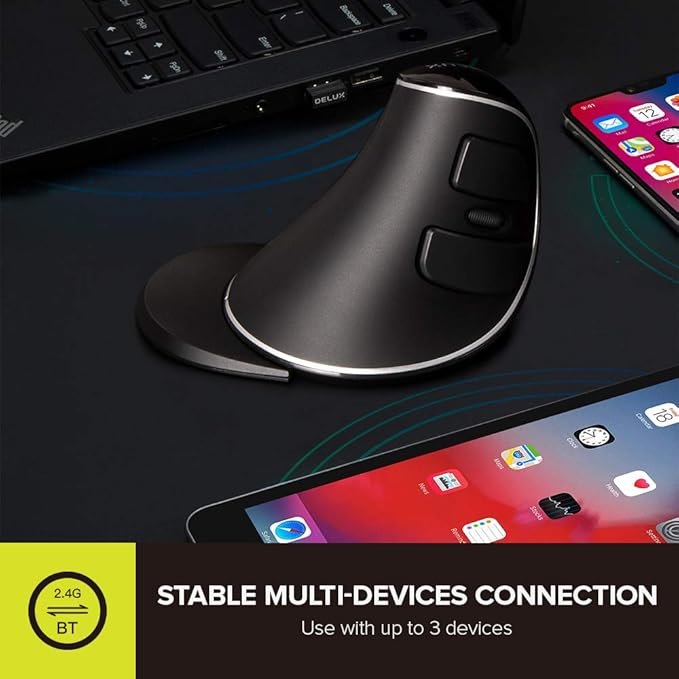 DeLUX Wireless Ergonomic Mouse with 4000DPI, Vertical Mouse with USB Receiver and BT1 + BT2, 6 Buttons and Removable Palm Rest for Laptop Computer and Carpal Tunnel (M618PD-Black)