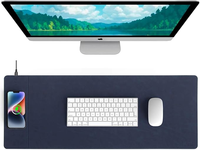 Magnetic Wireless Charging Desk Mat, 31"x11.7" Mouse Pad with Ultra-Smooth Surface, Microfiber Leather Office Mouse Mat, Waterproof Extended Computer Keyboard Desk Mat for Office & Home, Laptop, Blue