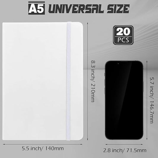 Honoson 20 Pack Lined Journal Notebooks A5 Hardcover Executive Notebook 5.5" x 8.3" PU Leather Wide Ruled Journals Bulk with Elastic Band for Home Business Office School Supplies(White)