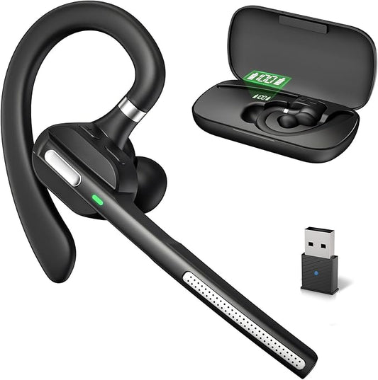Wireless Work Bluetooth Headset with Microphone 500mAh Charging Case USB Dongle Call Noise Canceling Mic for PC Computer, Laptop, Cell Phones, Remote Work, Call Center, Trucker Work