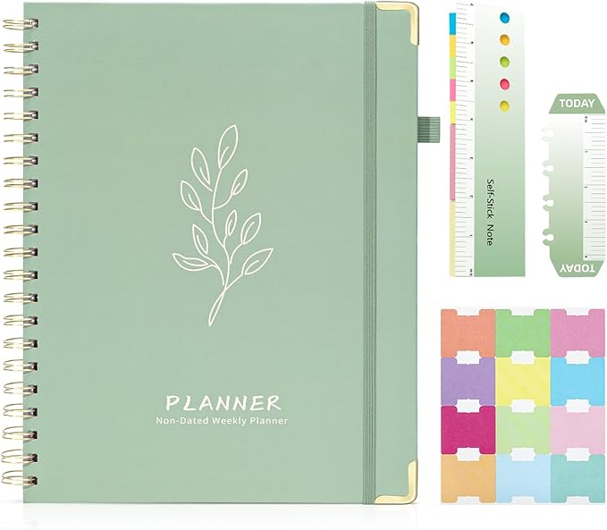 Ospelelf Planner Undated Daily Spiral Binding Weekly Monthly Hardcover Academic Planners with Stickers 12 Months Productivity Aesthetic Journey Letter Size Green Leaf