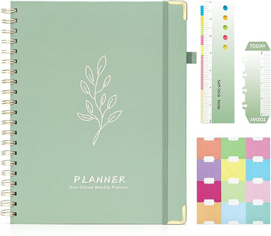 Ospelelf Planner Undated Daily Spiral Binding Weekly Monthly Hardcover Academic Planners with Stickers 12 Months Productivity Aesthetic Journey Letter Size Green Leaf