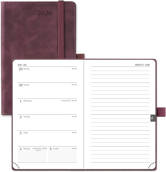 POPRUN Weekly Planner 2026 Pocket Size Calendar (4" x 6.25") 12 Months Notebook with Horizontal Layout, Leather Soft Cover, Inner Pocket, 100GSM Thick Paper, Pen Holder - Claret