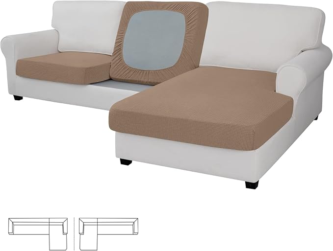 Easy-Going Stretch 3 Pieces Couch Cushion Covers for Sectional Sofa Left/Right L Shape Chaise Lounge Sofa Seat slipcover Anti-Slip Sofa Cover Soft (2 Seater + 1 Chaise, Camel)