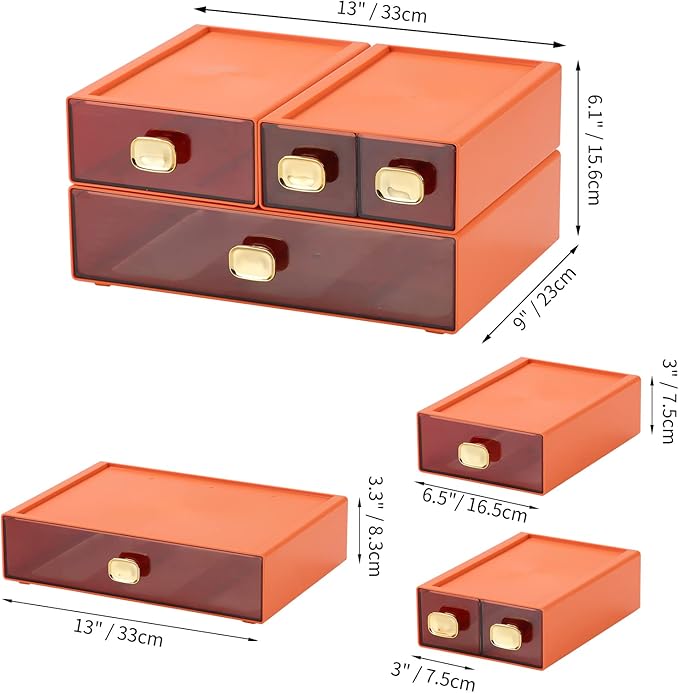 Spacious Desktop Storage Box, 1 Large 1 Middle & 2 Small Storage Drawers, Stackable Office Desk Drawer Organizer and Accessories, Printer Paper Organizer, Orange Plastic Drawers for Workspace
