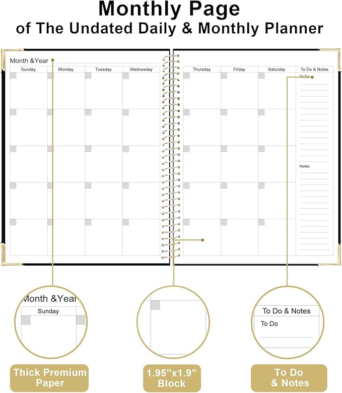 Undated Daily Monthly Planner for 2025 2026 - A4 To Do List with Hourly Schedule, Hardcover Spiral Bound Daily Planner to Increase Focus, Stylish School/Office Supplies, 8.5" x 11", Black