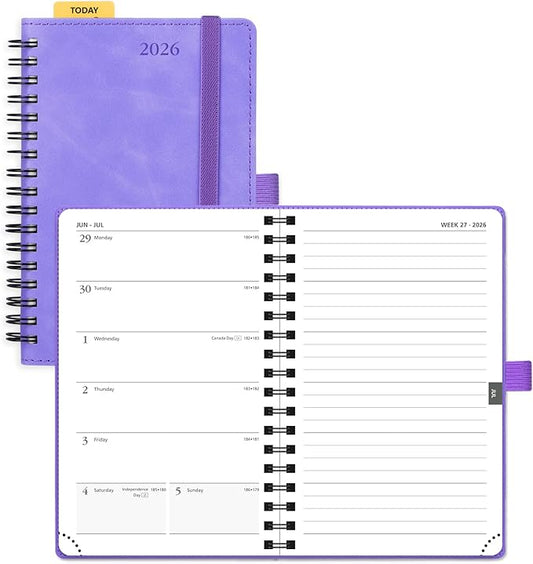 POPRUN 2026 Planner Weekly Notebook (Jan-Dec), Small Size 4''x 6.25'' - 2026 Pocket Calendar for Purse with Spiral Soft Cover, Plastic Ruler, Inner Pocket, 100 GSM TJ - Lilac